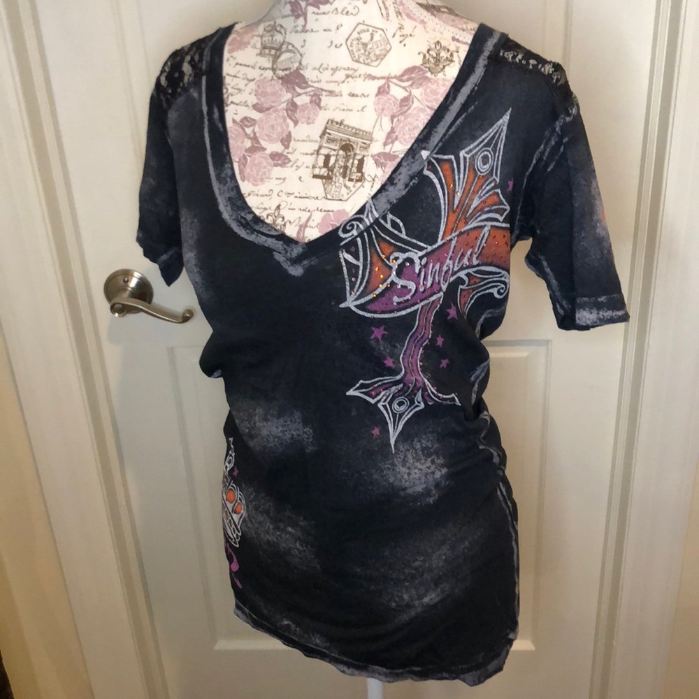 Sinful v neck short sleeve rhinestone cross Lacey